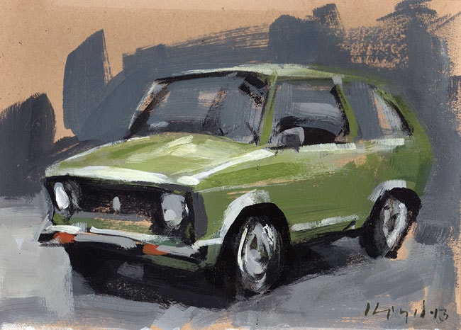 Original Painting Auto Car Art Acrylic Sketch 5x7 - VW Rabbit by David Lloyd