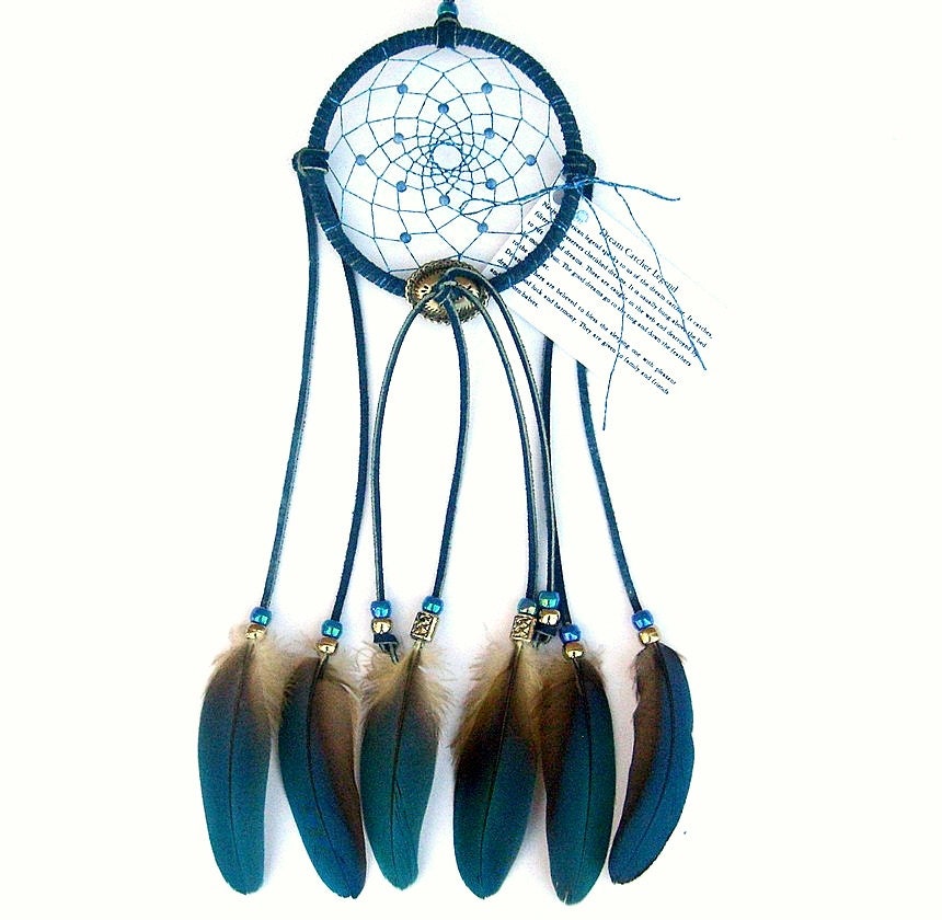 Denim Blue Dream Catcher, Macaw Parrot Feathers