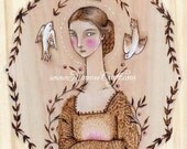 Birds and girl animal woodburning art print, "Birdsong's Fable"