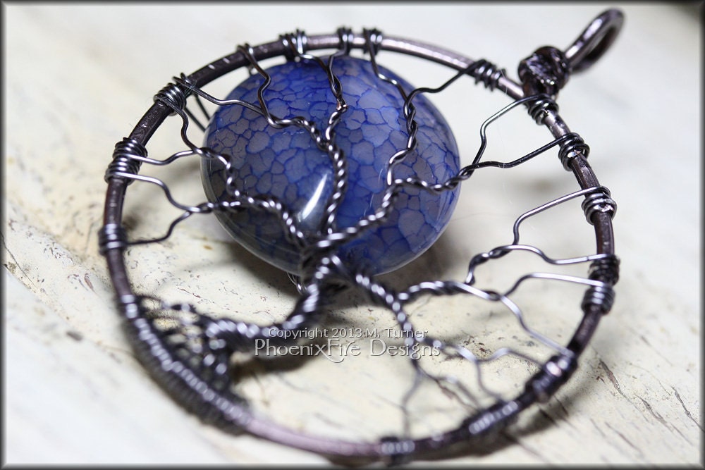 Full Blue Moon Tree Fire Crack Agate Tree of Life Pendant Gunmetal Hematite Wire Wrapped Jewelry