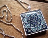 Islamic tile pendant necklace, Tribal folk art jewelry, Geometric designs in blue, cobalt, world traveler, Morocco, MTO