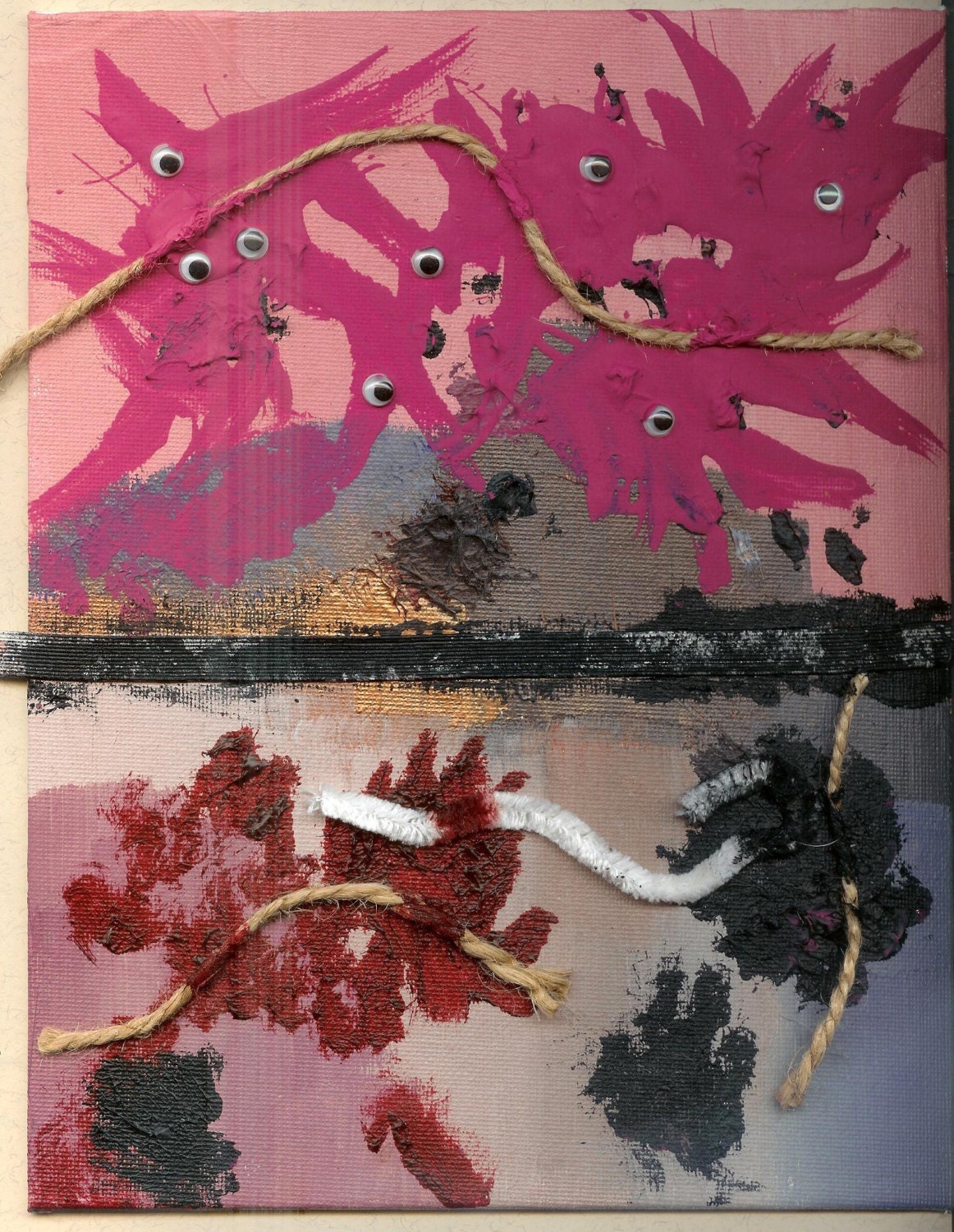 FRIGHT WIGS HANG -  One of a Kind Original Painting Googly Eye Hybrid - Different Colors of Acrylic Paint, Googly Eyes, and Other Snippets