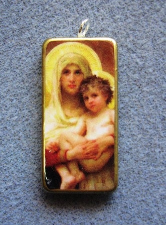 Virgin Mary Jesus Handmade Catholic Recycled Domino Art Pendant VM25