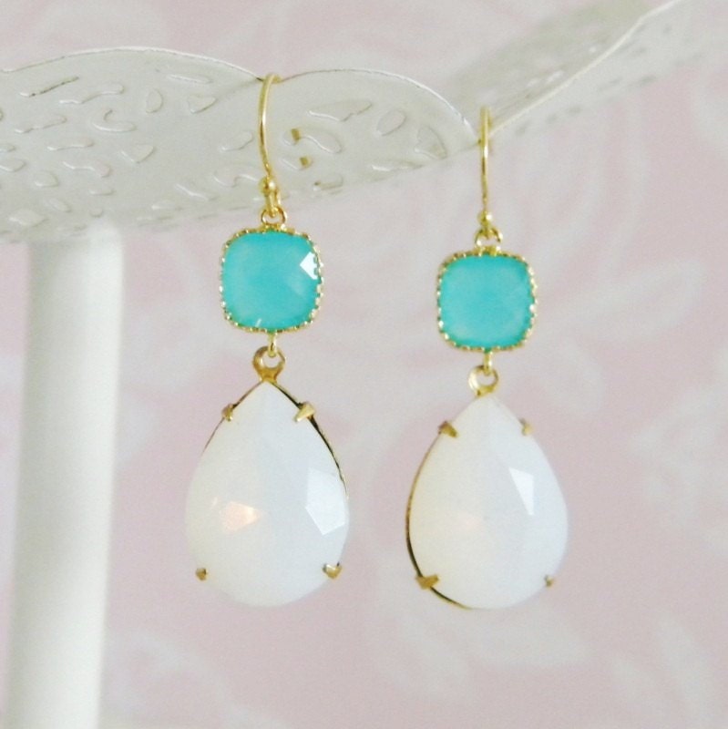 Vintage West German Crystal White Opal Aqua Glass Deco Earrings