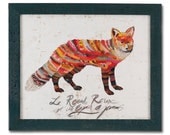 Mixed Media Fox Collage, Vibrant Vintage Paper, Red Fox Collection, Hand Built Barnwood Frame, French Calligraphy, Made to Order