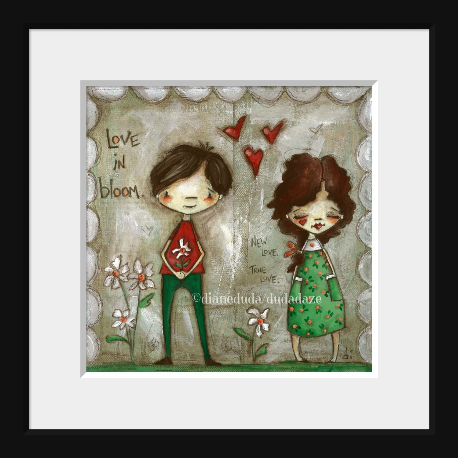 Print of my original folk art painting -  Love in Bloom