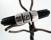 European Half Round Leather Bracelet - Black Leather and Silver Accents