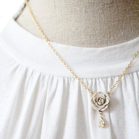 Little Grey Garden Rose Charm Necklace