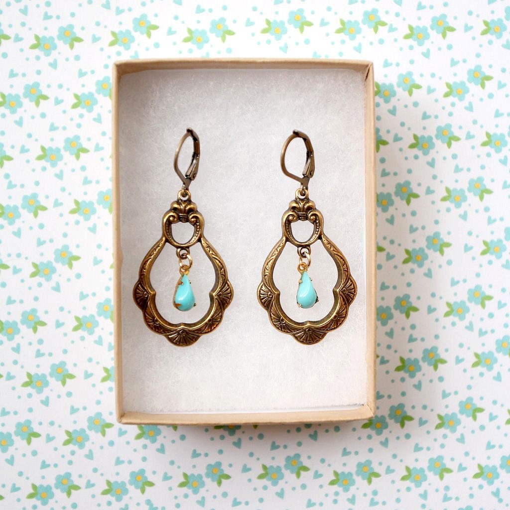 Boho Brass and Turquoise Charm Chandelier Earrings