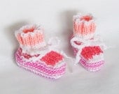 Newborn Baby Booties Hand Knitted Summer Colors, White Pink Coral