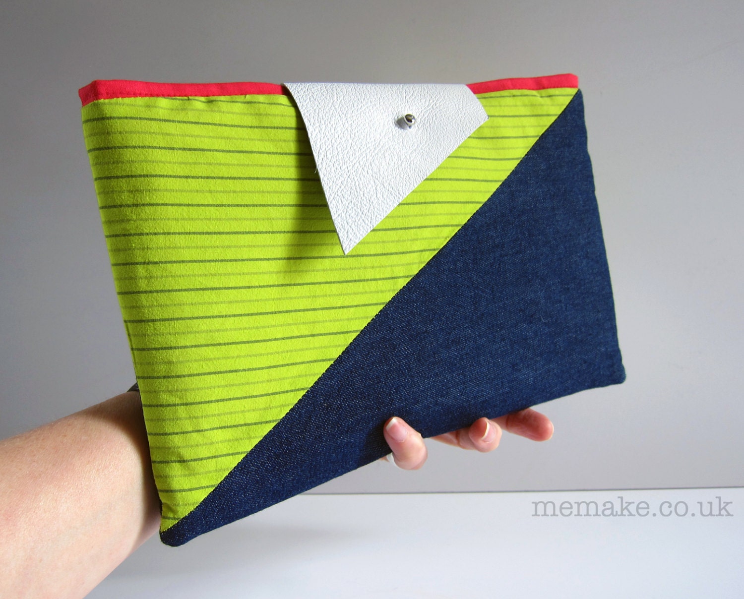Geometric clutch purse neon green chartreuse cotton navy denim colour block bag white leather flap memake handmade fashion accessory