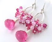 Hot Pink Cluster Earrings Fuchsia Crystal Earrings Pale Pink Sterling Silver Earrings Swarovski Crystal Handmade Fashion Jewelry Beth No. 26