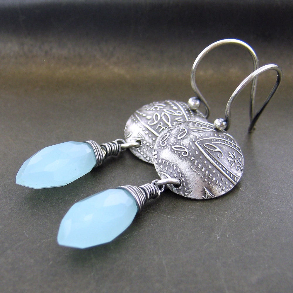 Aqua Chalcedony Earrings Pastel Blue Quartz Sterling Silver Circle Earrings Dainty Paisley Handmade Jewelry - Kristen No. 20