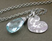 Aquamarine Charm Necklace, Pastel Blue, March Birthstone, Sterling Silver Heart Pendant - Solo No. 93