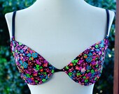 Electric NEON 1980's 90's Vintage Black Purple Floral Swimsuit Top with Underwire size Small
