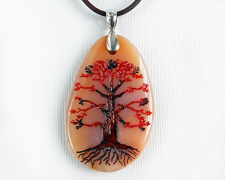 Tree of Life - Red Agate Engraved Stone Pendant