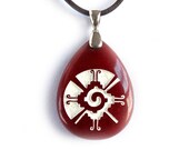 Hunab Ku Necklace - Engraved Stone Pendant - Red Dyed Jade
