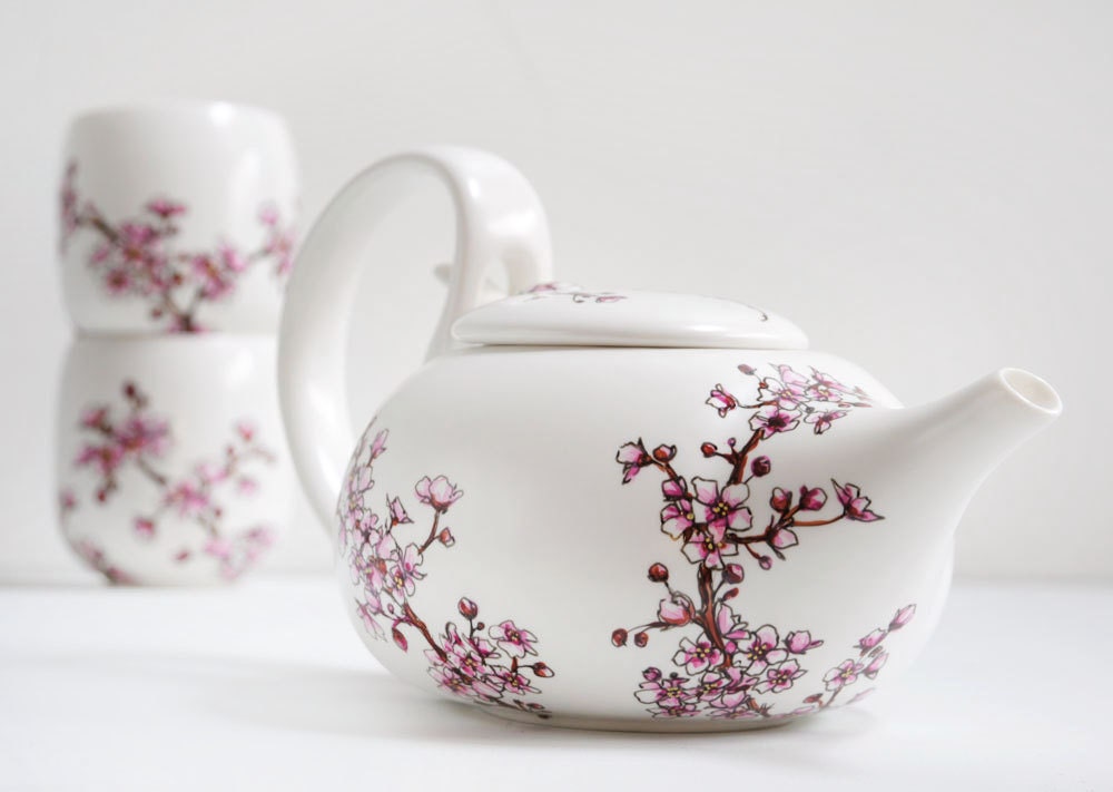 Hand Painted Ceramic Tea Set -  Cherry Blossoms Collection