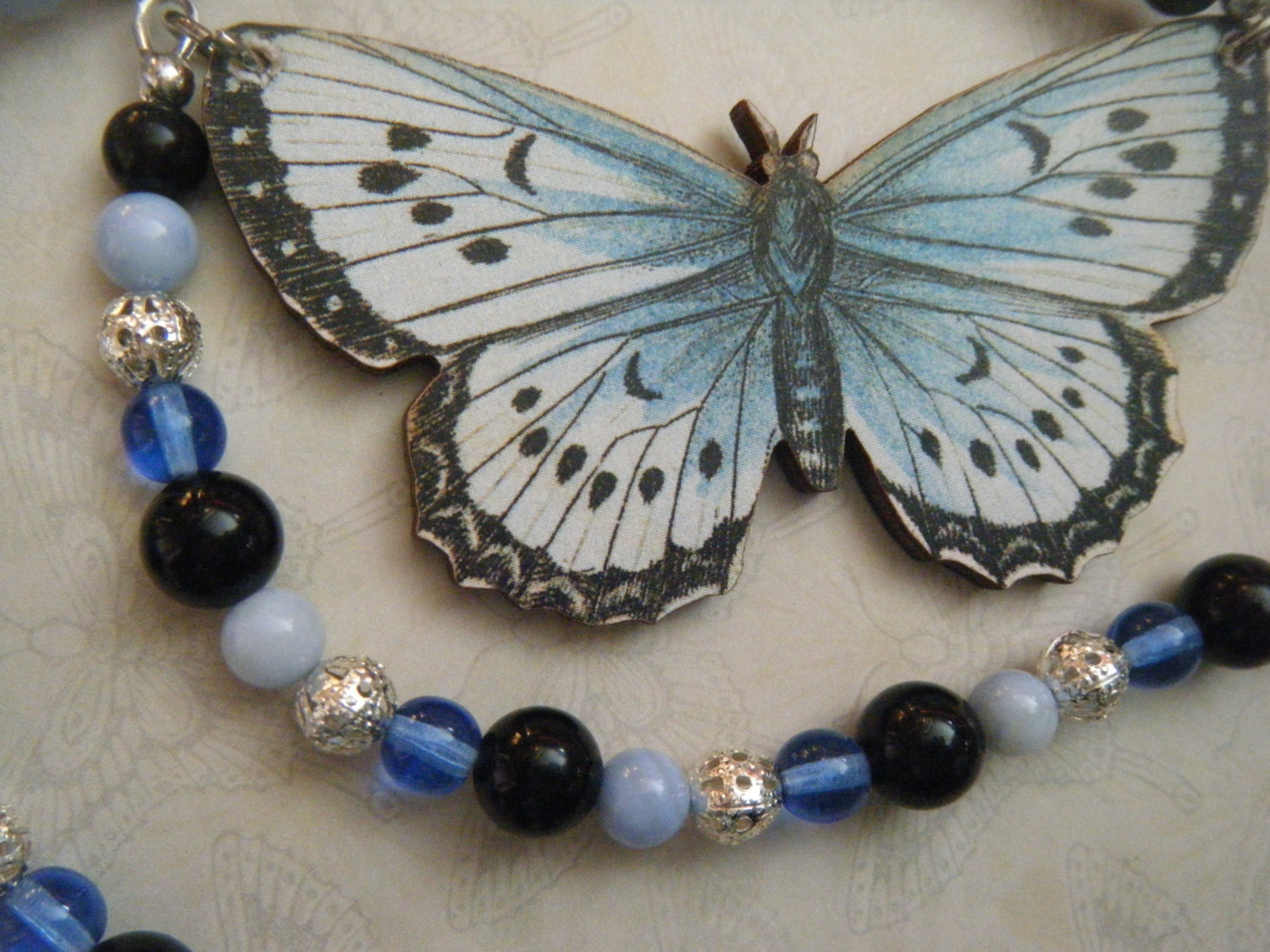 Blue Wooden Butterfly Necklace, Beaded, Nature, Woodland Jewelry, Entomology