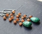 Turquoise Earrings, chrysocolla teal orange, long oxidized sterling silver