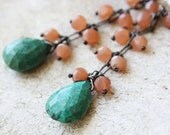 Memorial Day Sale Turquoise Earrings, chrysocolla teal orange, long oxidized sterling silver