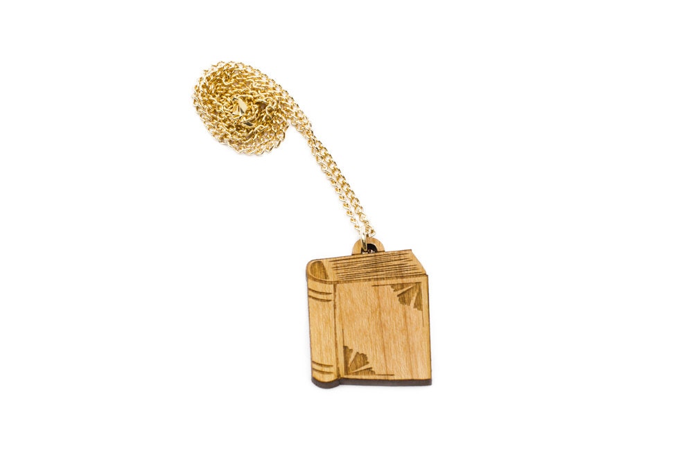 Book Necklace Laser Cut engraved Wooden Antique reading