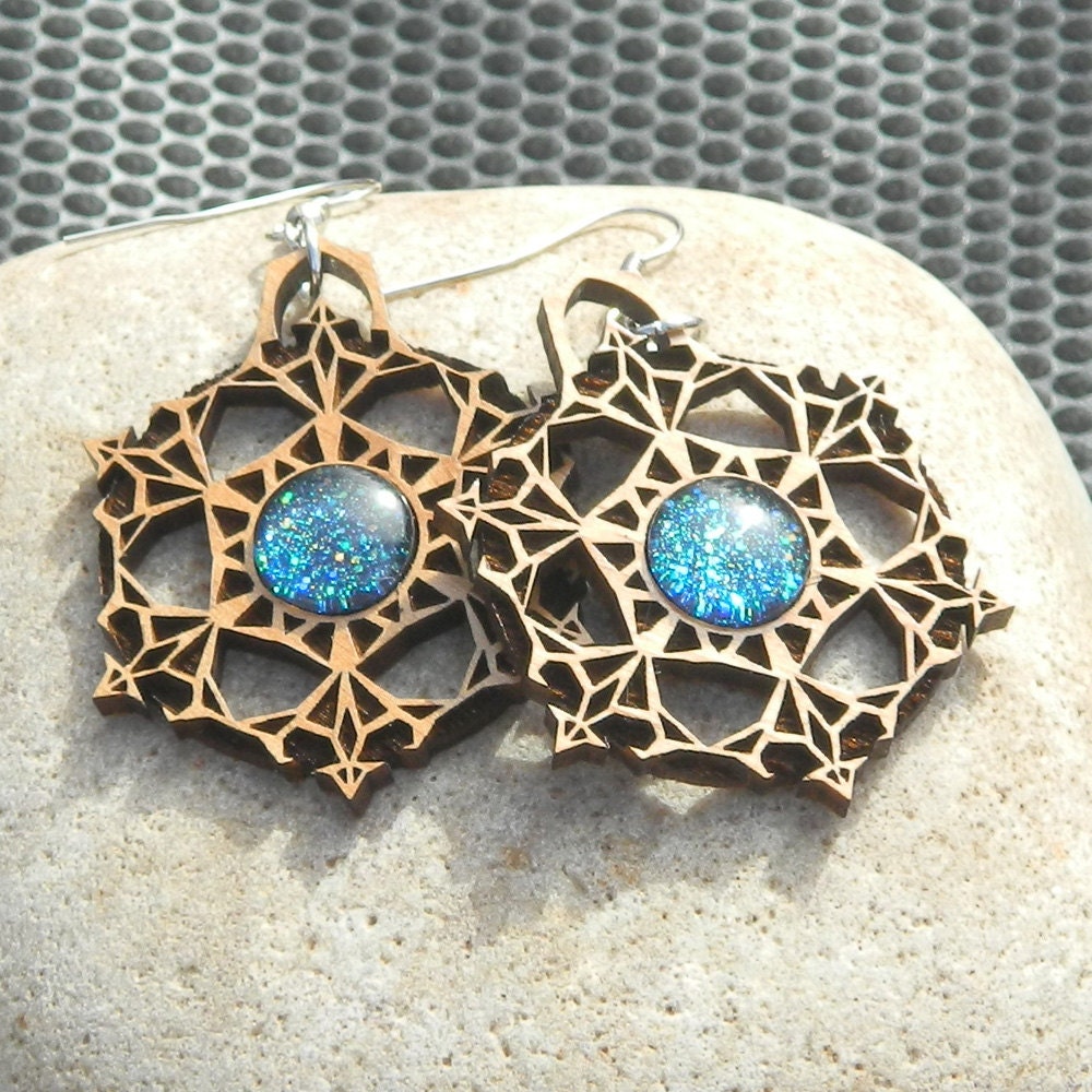 Snowflake Mandala Earrings - Blue Galaxy Glass Gems - Laser Cut Alder Wood and Glass Jewelry - Blue Green Sparkle