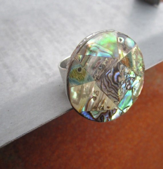 Round Abalone Shell Tile Ring on Adjustable Wide Band by Heidi Urbanski on etsy