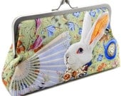 Printed Alice in Wonderland SMALL clutch/shoulder bag in dupion with printed satin lining. Unique, designed by Baba Studio. Celadon version.