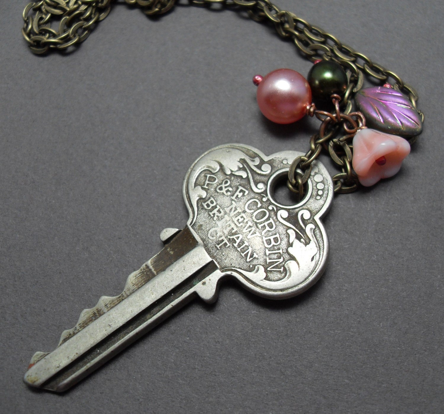 Vintage Key Pearly Pink and Green Necklace Flower and Leaf