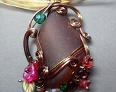 Honey Brown Maine Sea Glass Necklace Flower Garden Pink and Green
