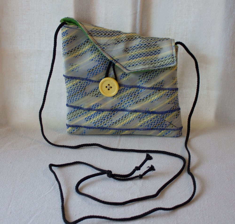Necktie minibag pouch, white, blue, yellow, green, upcycled
