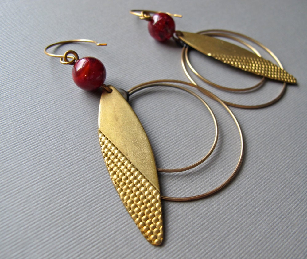Hoop Earrings, Brass Double Loop with Dagger Charm and Berry Red Bead. Handmade Jewelry by Glamourpuss Creations