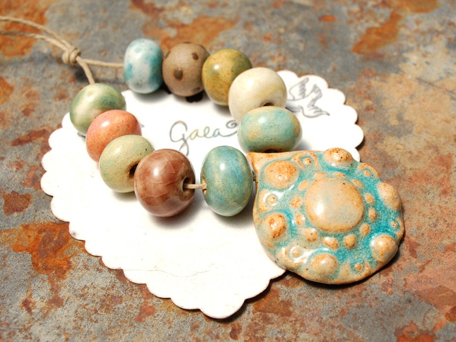RESERVED for the lovely Carmen / Spring / Beach Tone Ceramic Pendant and Bead Set