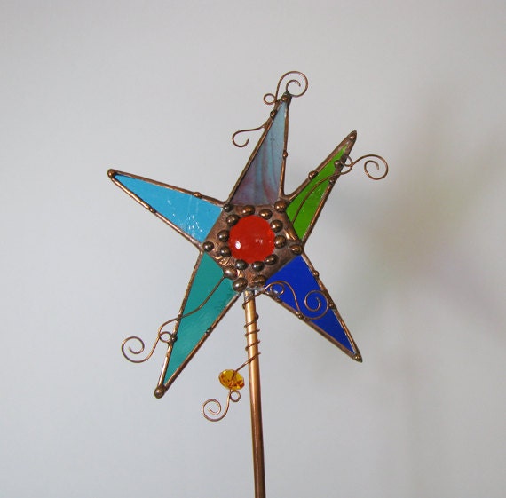 Stained glass garden art home decor plant stake mixed media copper sculpture blue orange