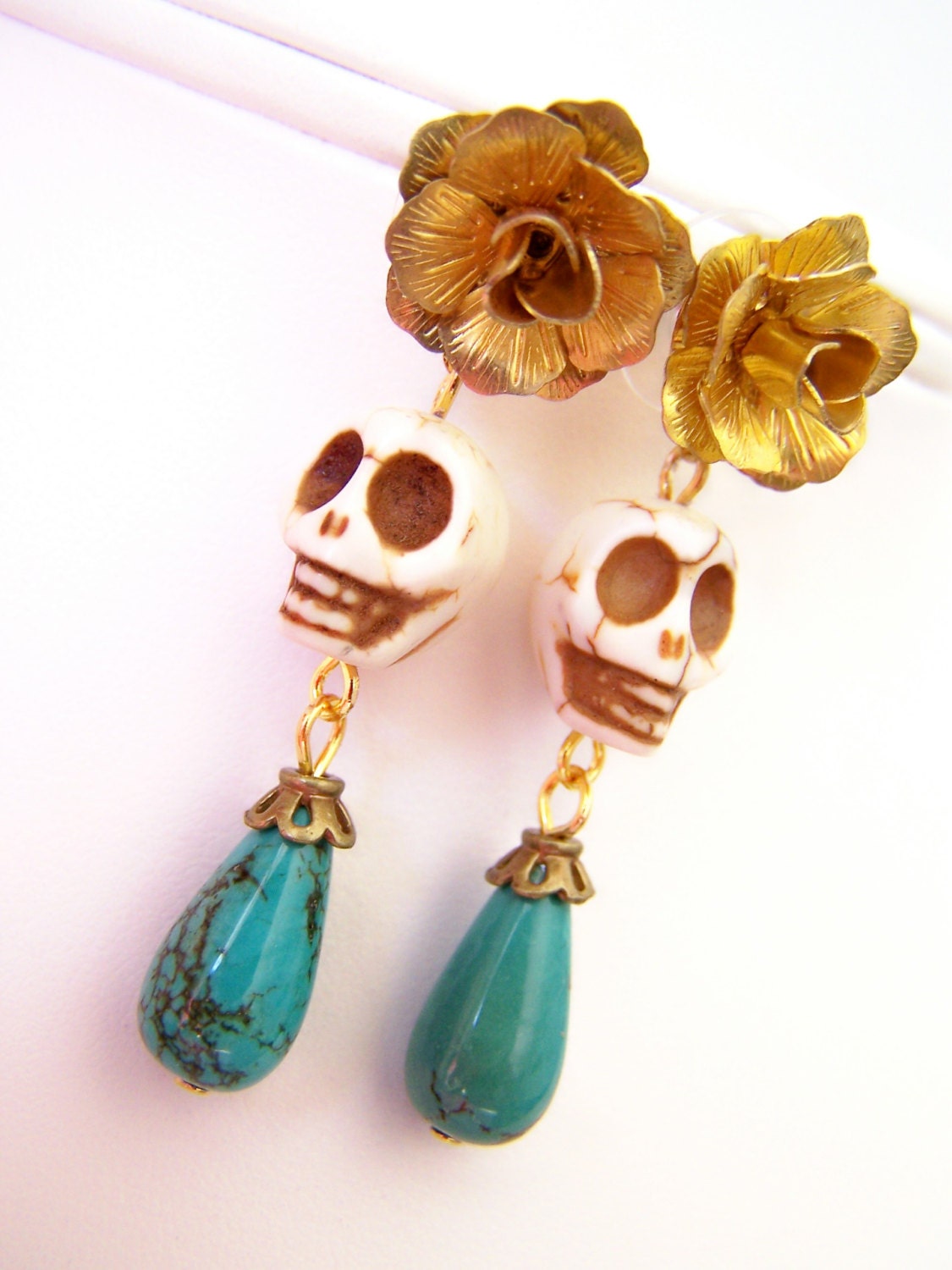 Dia de Los Muertos Skull Post Earrings with Turquoise Dangles, Day of the Dead Gold Brass Flowers & Stone Skull Beads on Studs - Lexington