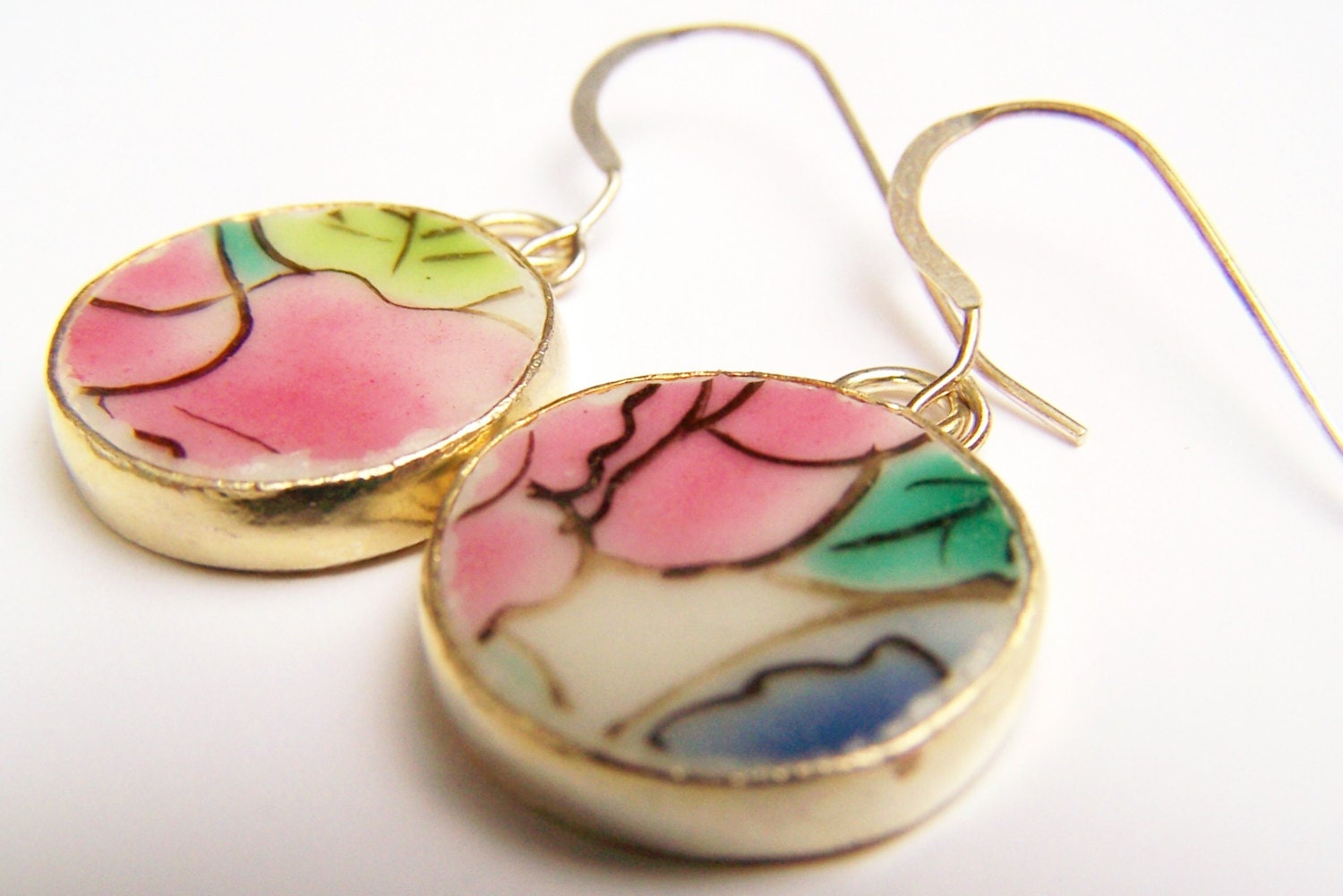 Pink Flower & Green Leaf Pottery Shard Earrings, Chippy, Painted Porcelain on Sterling Silver Fishhooks, Pretty Little Dangles - Petals