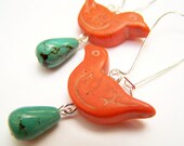 Orange & Turquoise Bird Earrings, Orange Birds with Turquoise Stone Drops, Dangle Earrings on Kidneywires, Duck out of Water - Duckie