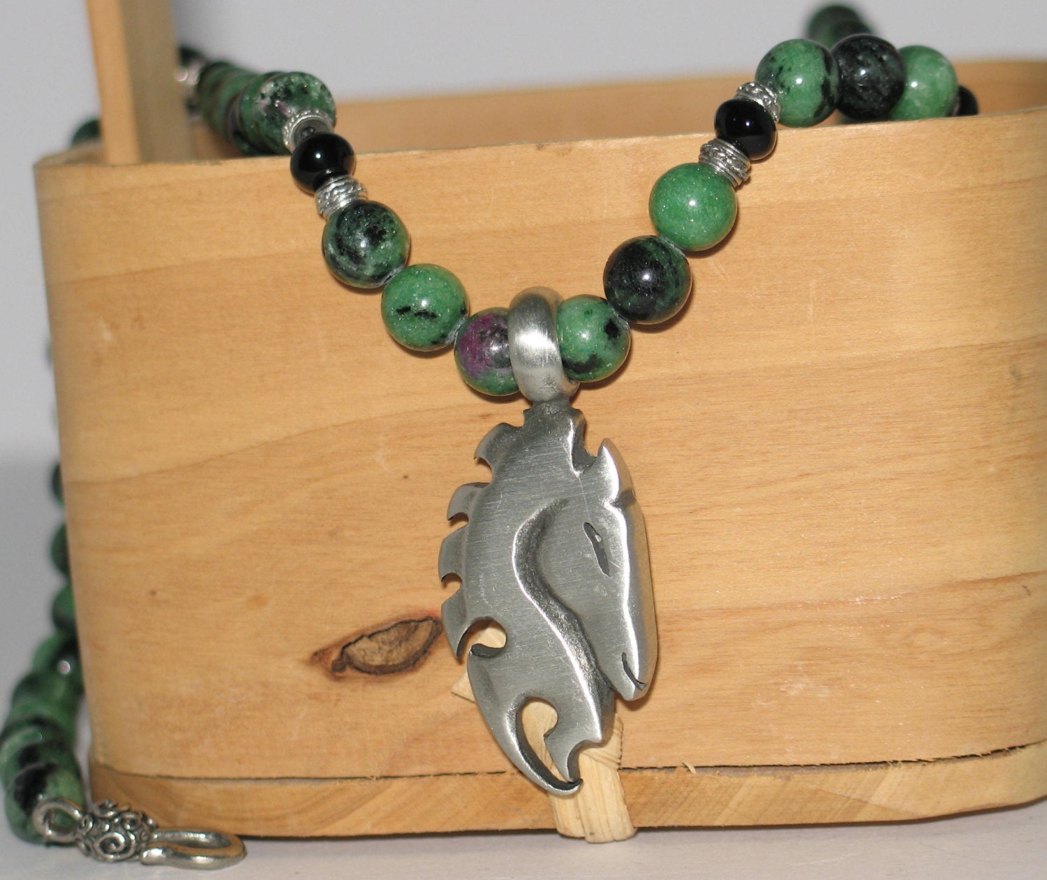 Ruby Zoisite and Onyx Equestrian Necklace