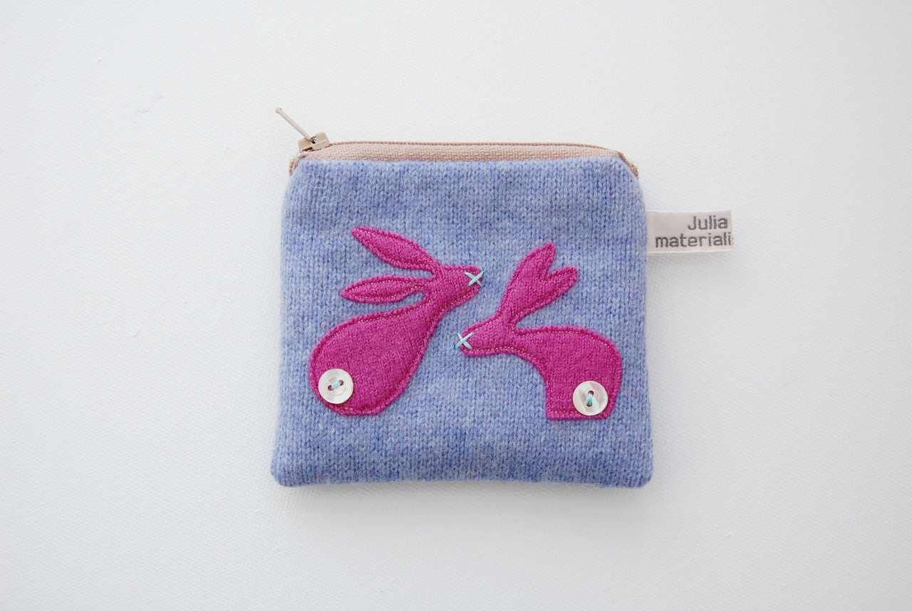 Bunnies coin purse -  Pale blue and pink wool