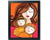 Mother and Twins PRINT - Mother art, baby art, mom and children print, nursery art, wall decor, twin art, red, yellow, orange