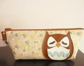 Stewart the Owl Yellow Pink Hand drawn Mini Floral Vintage Inspired Cotton Canvas Case with Vinyl Applique