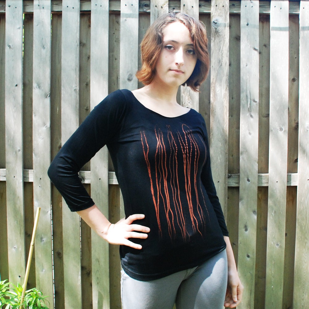 Silkscreen womens tshirt, black 3/4 sleeve, metallic copper strings design, S-XL, womans top, womens graphic tee