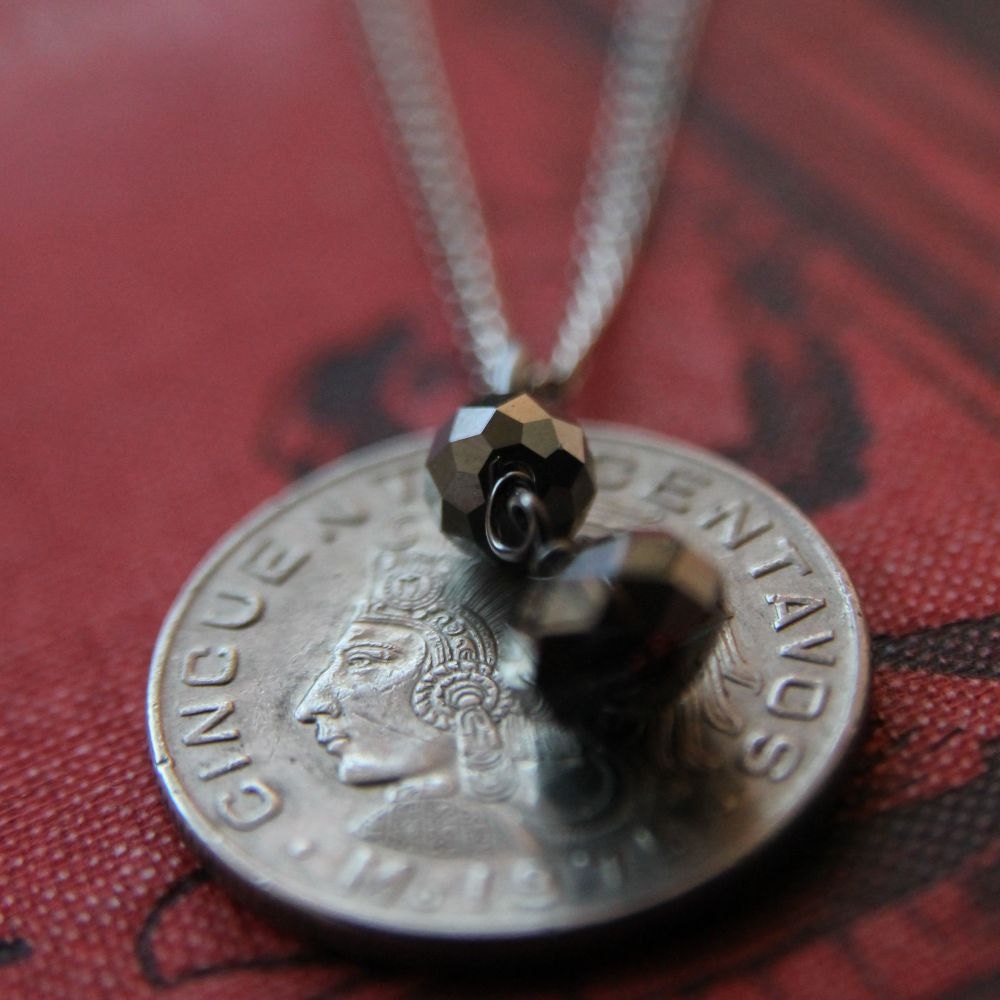 Aztec Necklace with Vintage Coin and Swarovski Crystal