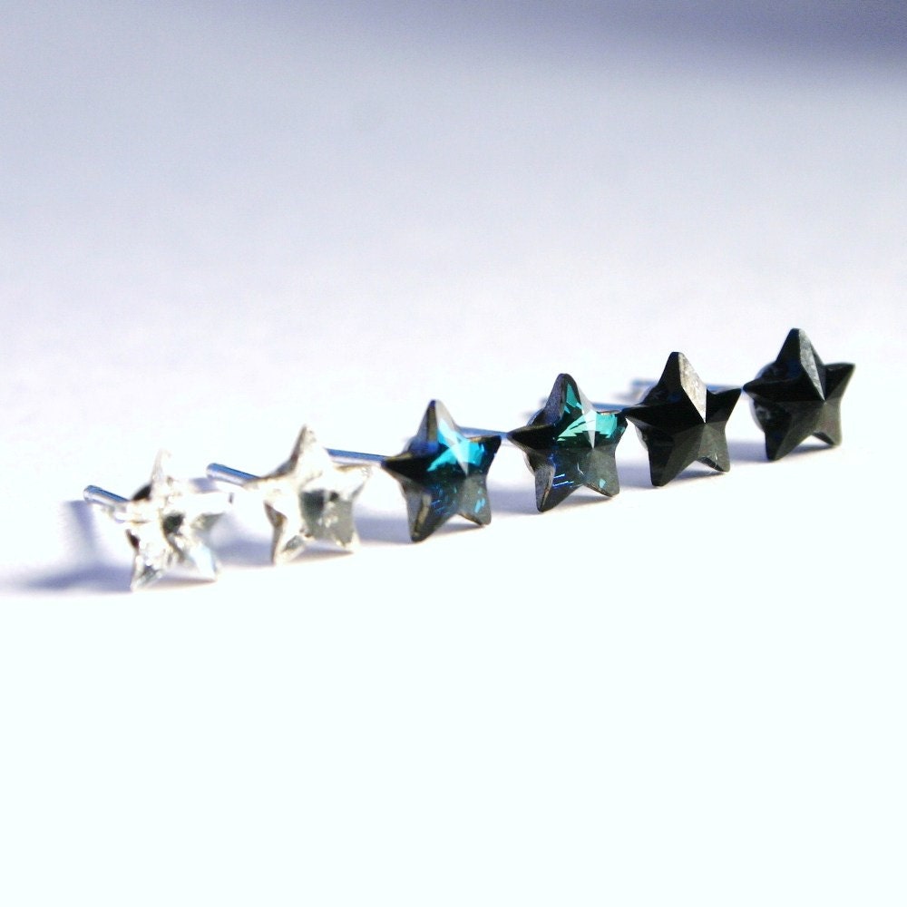 SET Crystal Star Earrings - 3 pr. Teeny Tiny Swarovski Silver, Arctic Blue & Jet Black on Sterling Post Stud Gifts Under 20
