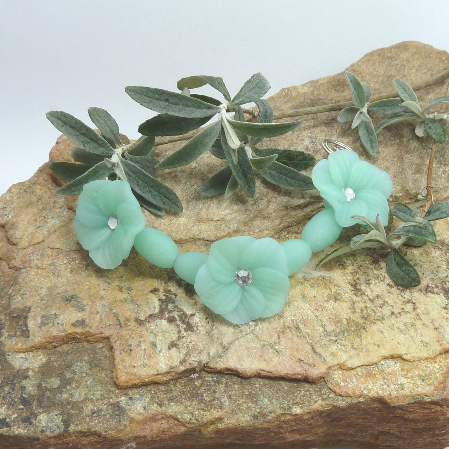 Flower Bead Set -  Sea Glass finish -Key West  Green