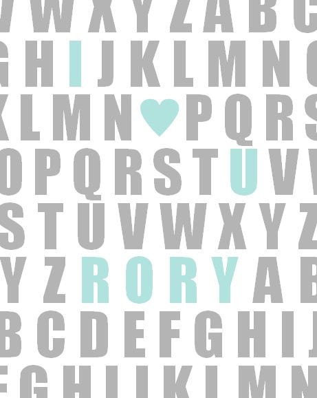 Aqua and Grey Custom I Heart U Name Alphabet Print 11x14 - Personalized ABC Nursery Art Print - Typography for Babies