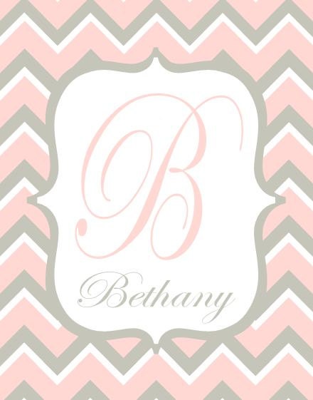 Monogram and Name Nursery Wall Decor - Any Color - Personalized 8x10 Chevron Pattern with Script Letters - Pink and Grey