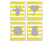 Yellow and Gray Nursery Art, Boys Nursery Art, ALL COLORS, Set of Four 8x10 Safari Animal Prints, Giraffe Elephant Hippo Lion