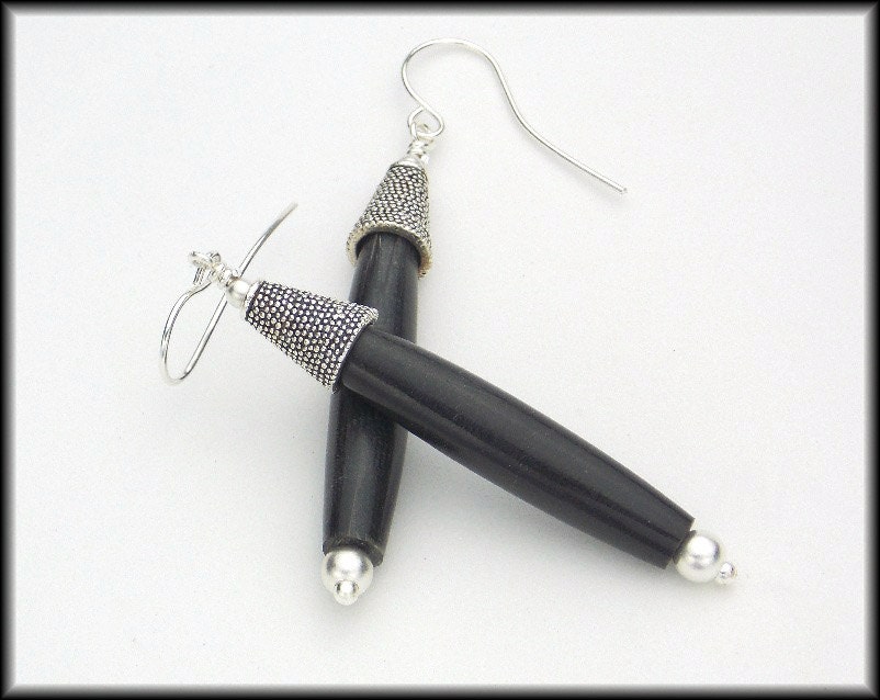 LAYLA - Black Hairpipe and Granulated Sterling Cones - Sterling Earrings